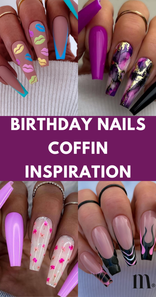 pinterest image for an article about birthday nails coffin inspiration