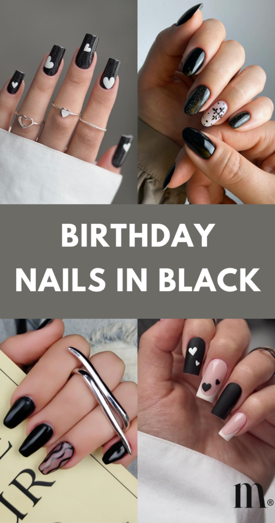 pinterest image for an article about birthday nails in black