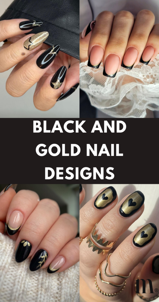 pinterest image for an article about black and gold nail designs