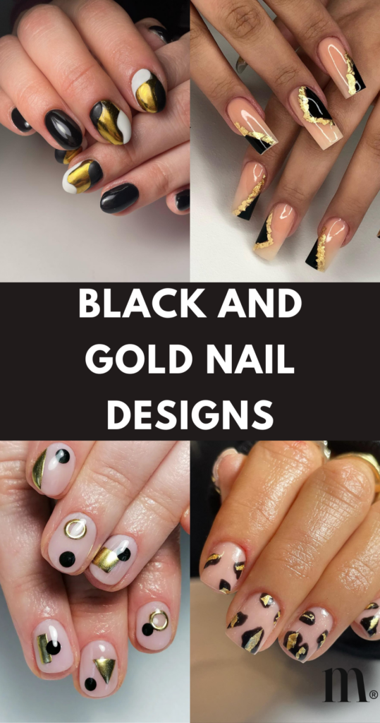 pinterest image for an article about black and gold nail designs