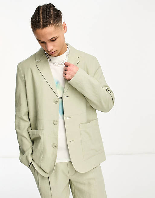 COLLUSION oversized linen blazer in sage green co ord