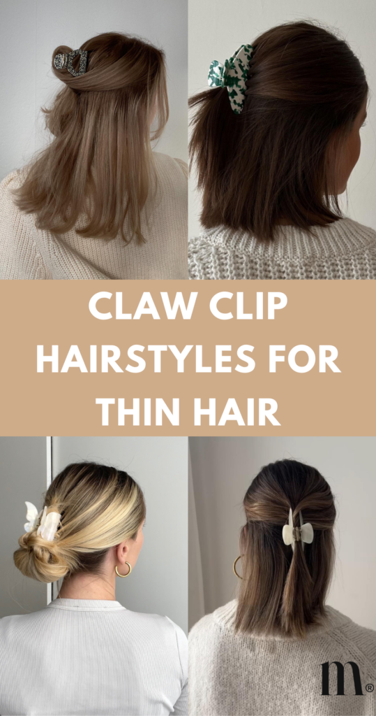 pinterest image for an article about claw clip hairstyles for thin hair