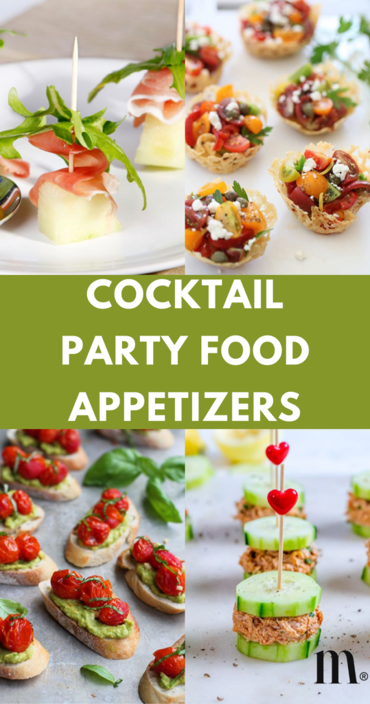 pinterest image for an article about cocktail party food appetizers