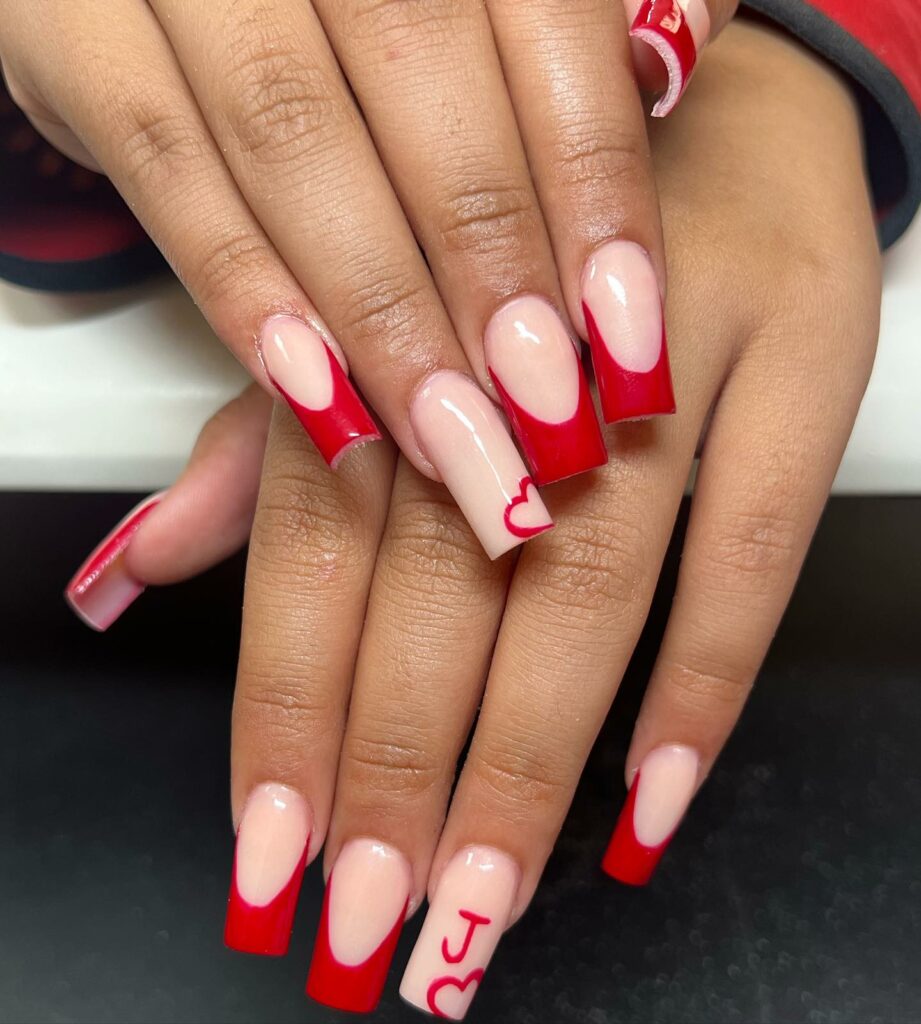 Coffin White Nails with a Red Heart