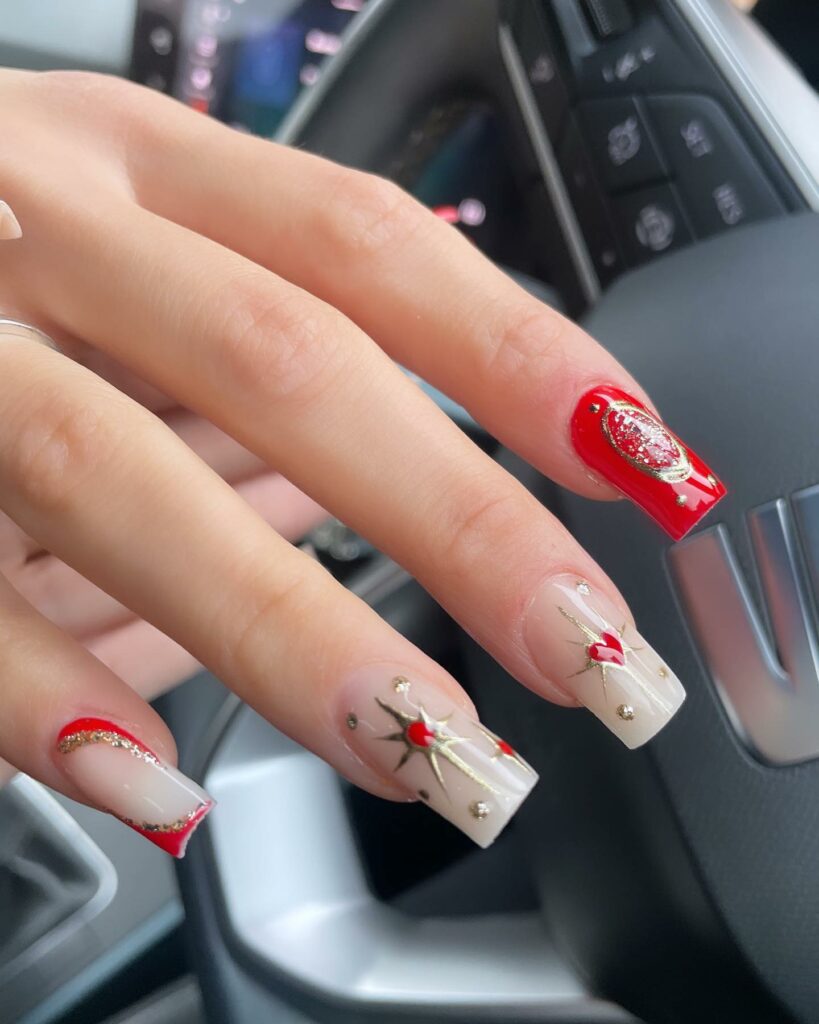 Coffin White Nails with a Red Heart
