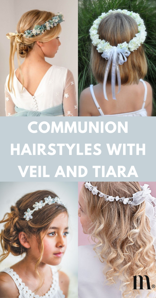 Pinterest Image for an Article About Communion Hairstyles with Veil and Tiara