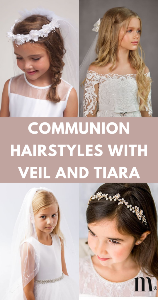 Pinterest Image for an Article About Communion Hairstyles with Veil and Tiara