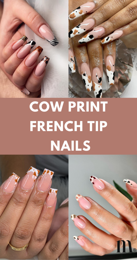 Pinterest image for an article about Cow Print French Tip Nails