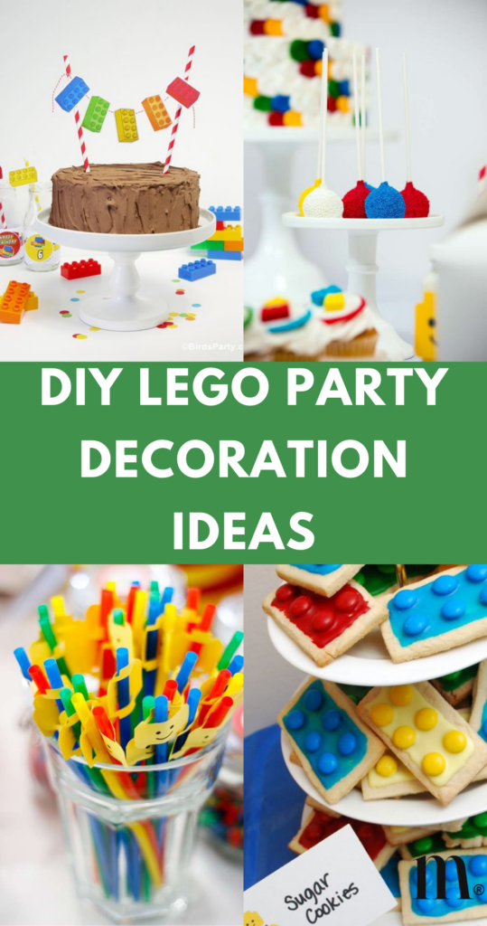 pinterest image for an article about DIY Lego party decoration ideas