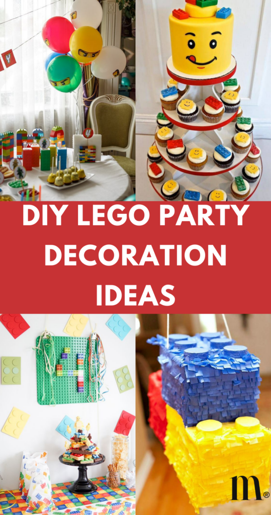 pinterest image for an article about DIY Lego party decoration ideas