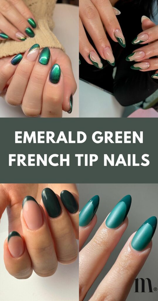 pinterest image for an article about Emerald green french tip nails