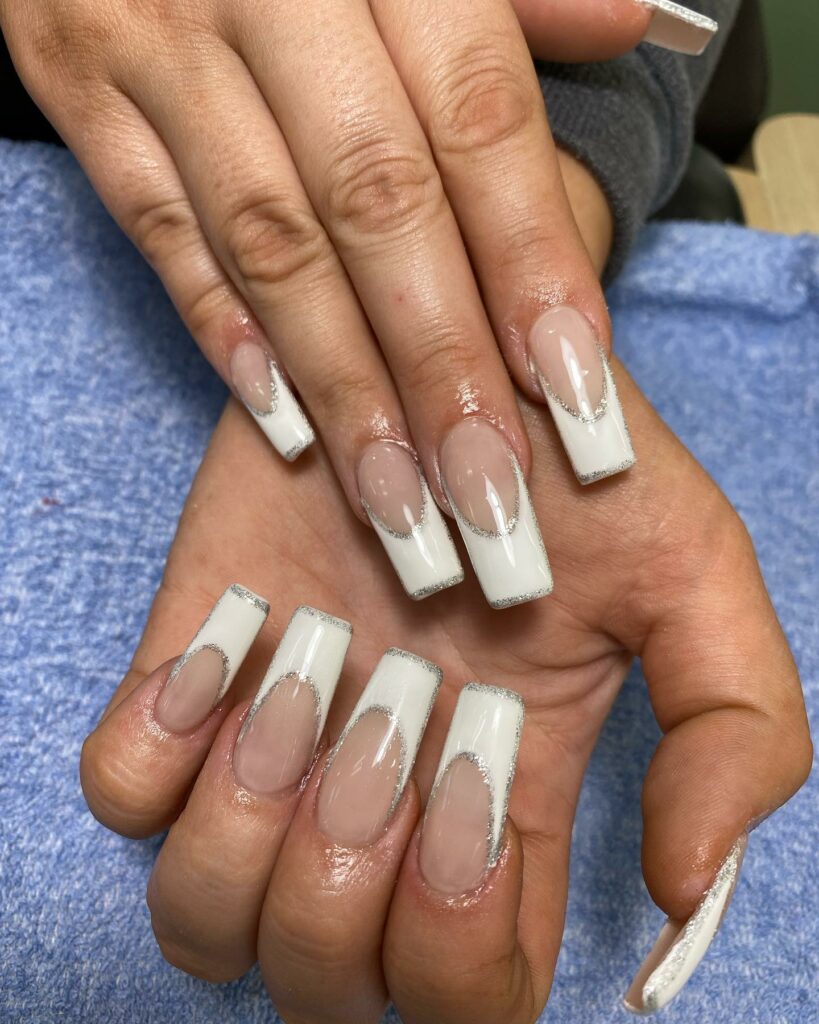 French Tip Nails With Silver Line
