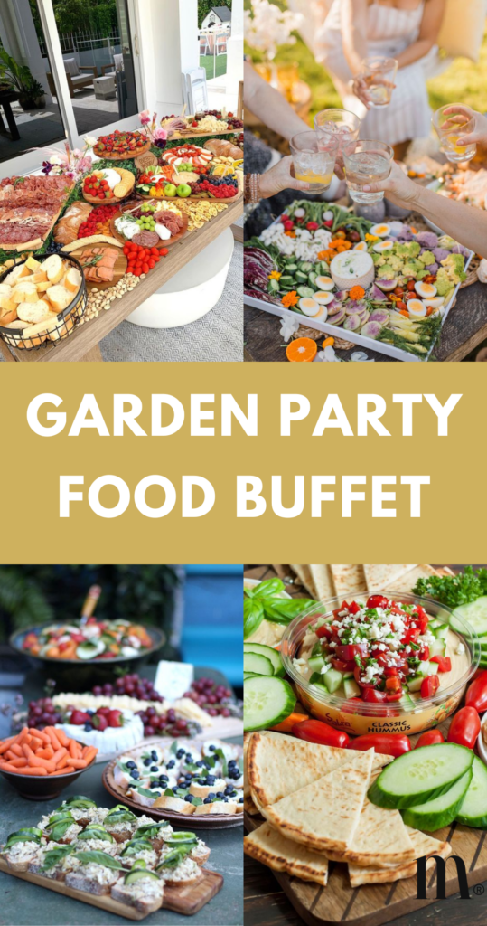 pinterest image for an article about farden party food buffet