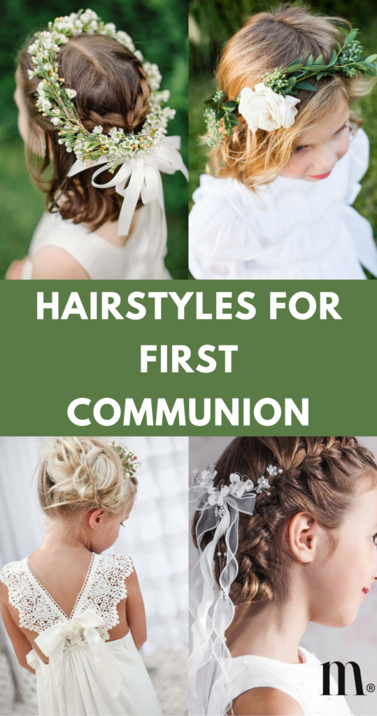 pinterest image for an article about hairstyles for first communion