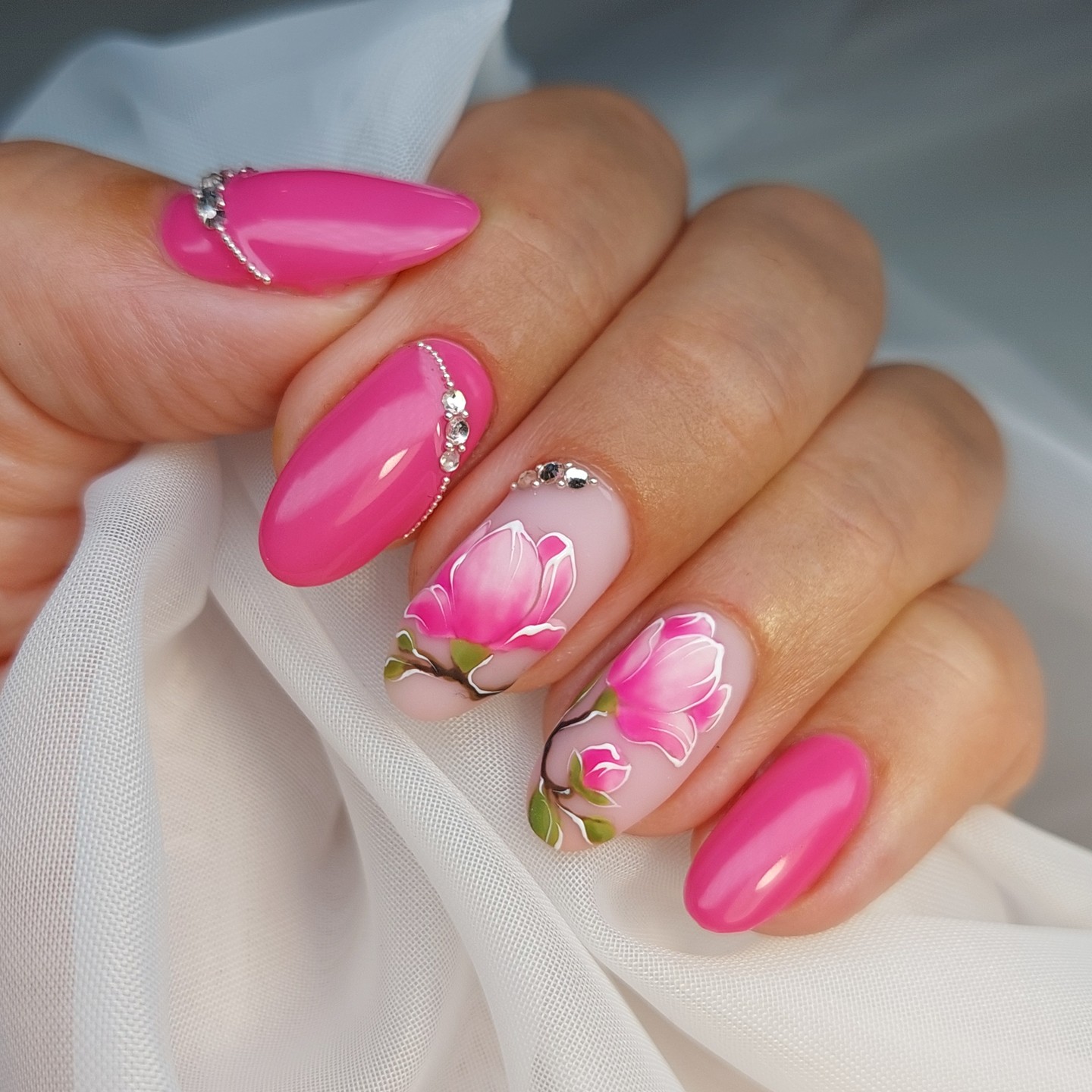 hot pink nails with flowers