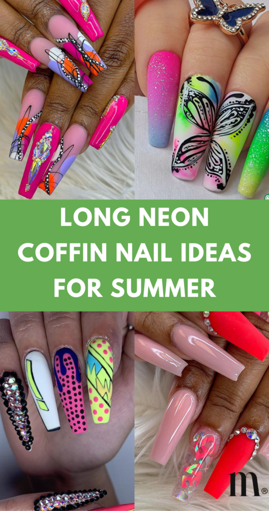 pinterest image for an article about long neon coffin nail ideas for summer