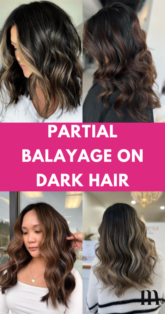 pinterest image for an article about partial balayage on dark hair