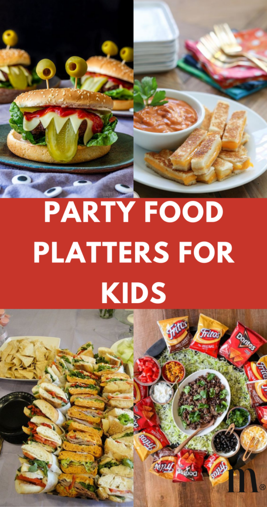 pinterest image for an article about party food platters for kids