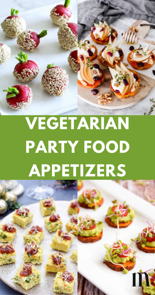 pinterest image for an article about  vegetarian party food appetizers