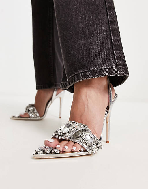 azalea wang tilly embellished strappy heeled sandals in silver