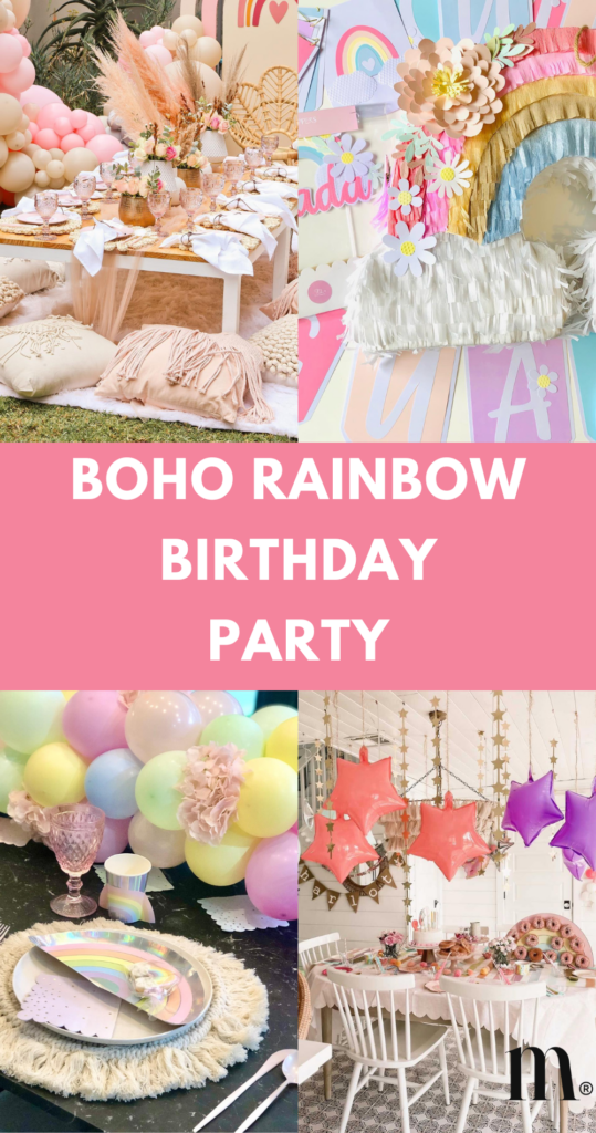 pinterest image for an article about boho rainbow birthday party