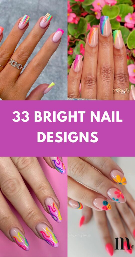 pinterest image for an article about bright nail designs