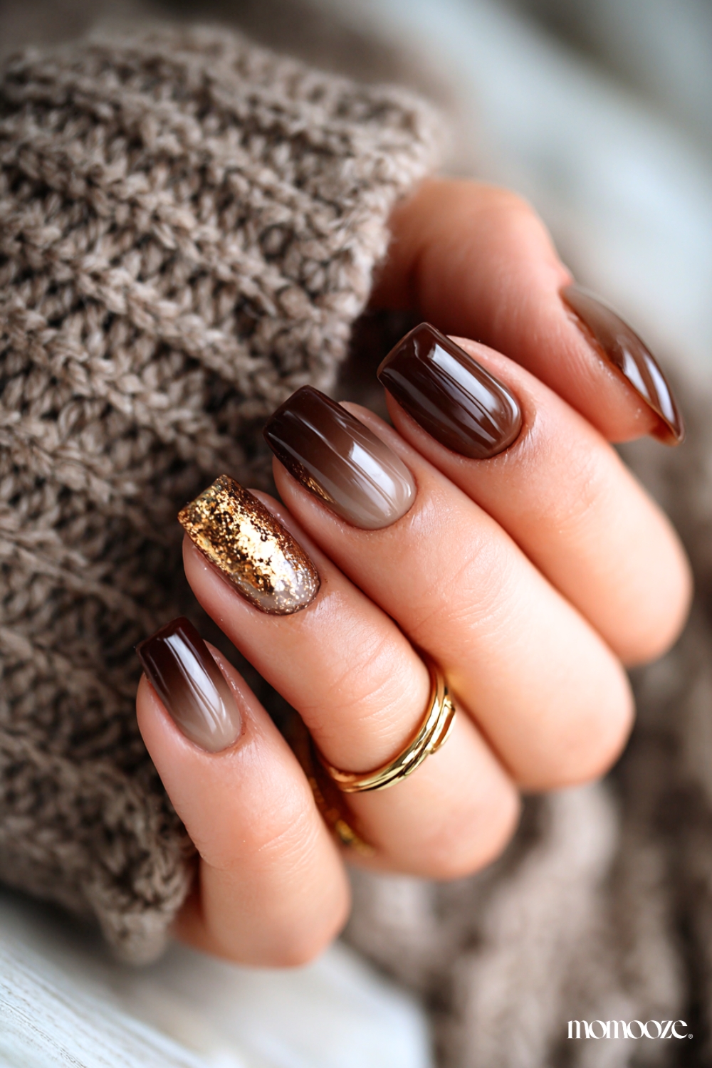 Brown Ombre Nails with Gold Accents