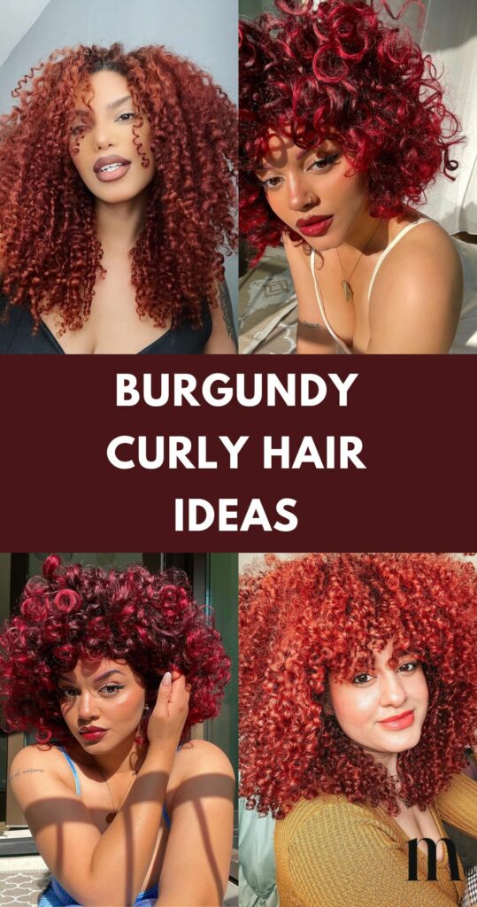 pinterest image for an article about burgundy curly hair ideas