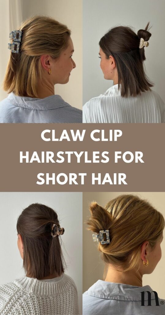 pinterest image for an article about claw clip hairstyles for short hair