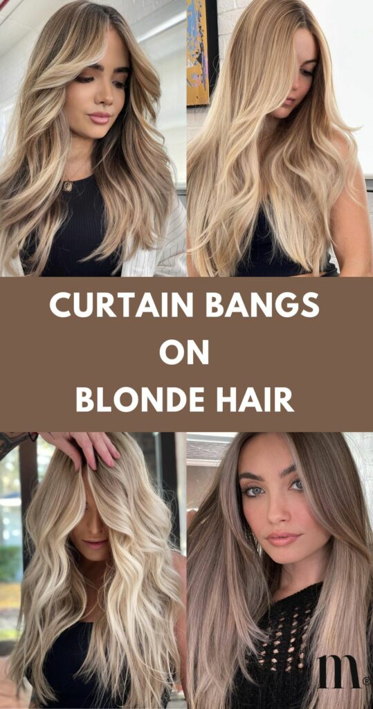 pinterest image for an article about curtain bangs on blonde hair