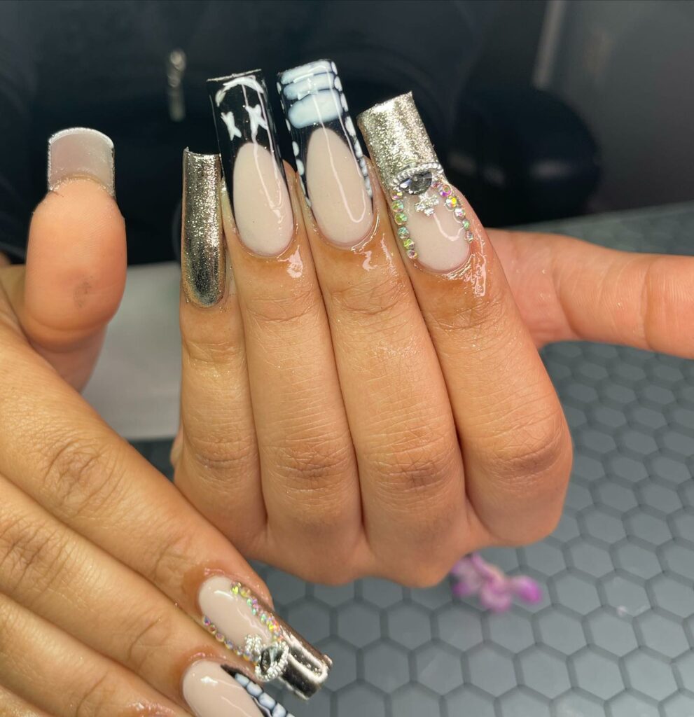 French Tip Nails with Diamonds