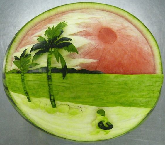 fruit and vegetable carving watermelon tropics palm trees momooze.com mom magazine