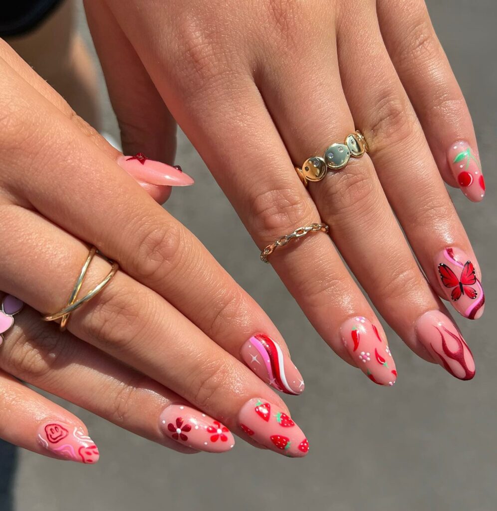 Hot Pink Nails With Flowers