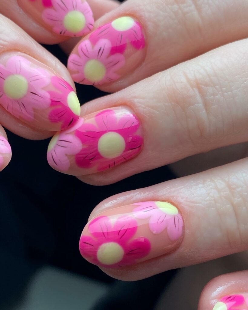 Hot Pink Nails With Flowers