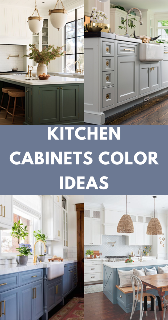 pinterest image for an article about kitchen cabinets color ideas