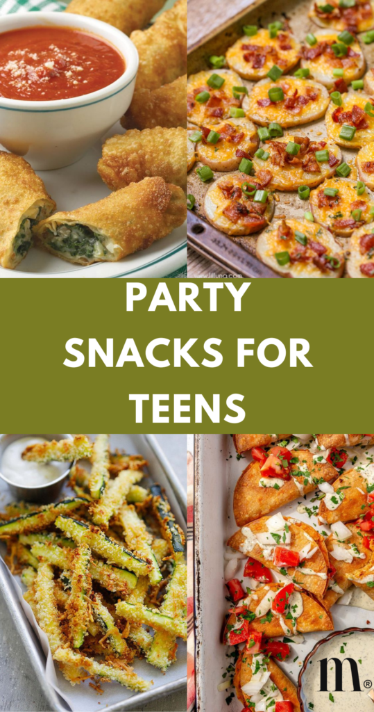 pinterest image for an article about party snacks for teens