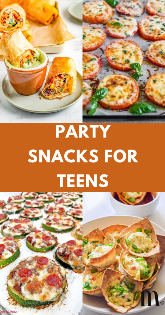 pinterest image for an article about party snacks for teens