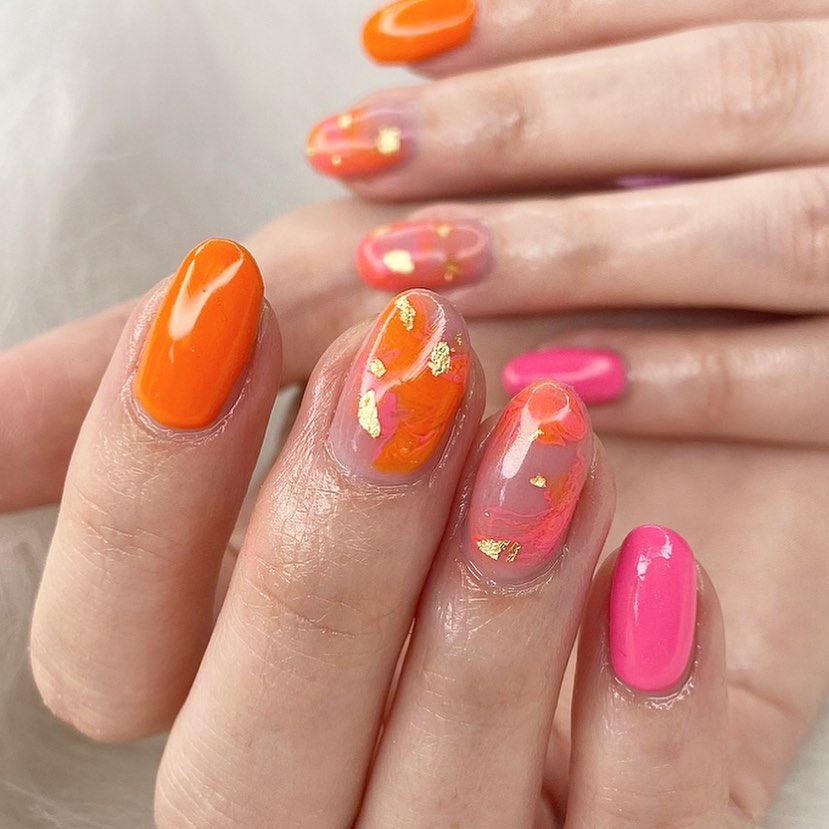 pink and orange marble nails 13