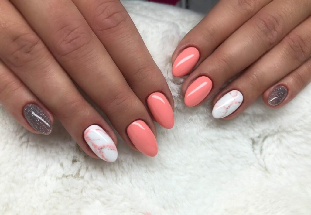 Pink and Orange Marble Nails