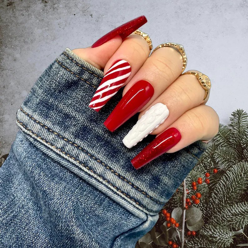 red and white christmas nails 9
