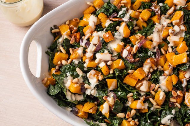 vegan thanksgiving recipes Roasted Butternut Squash and Kale Salad with Tahini Dressing momooze.com online magazine for modern moms